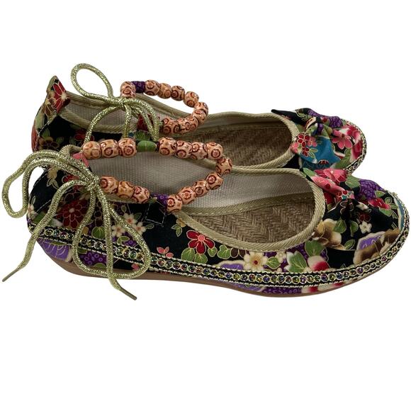 Rosy Multicolor Floral Print Ankle Beads Ballet Flats 10 - Picture 3 of 6